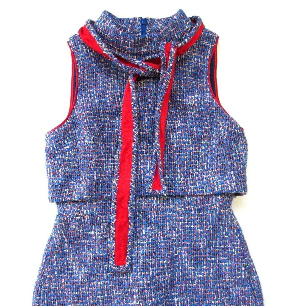 NWT J.Crew Tie-neck Tank Sheath in Blue Red Metallic Autumn Tweed Dress 2